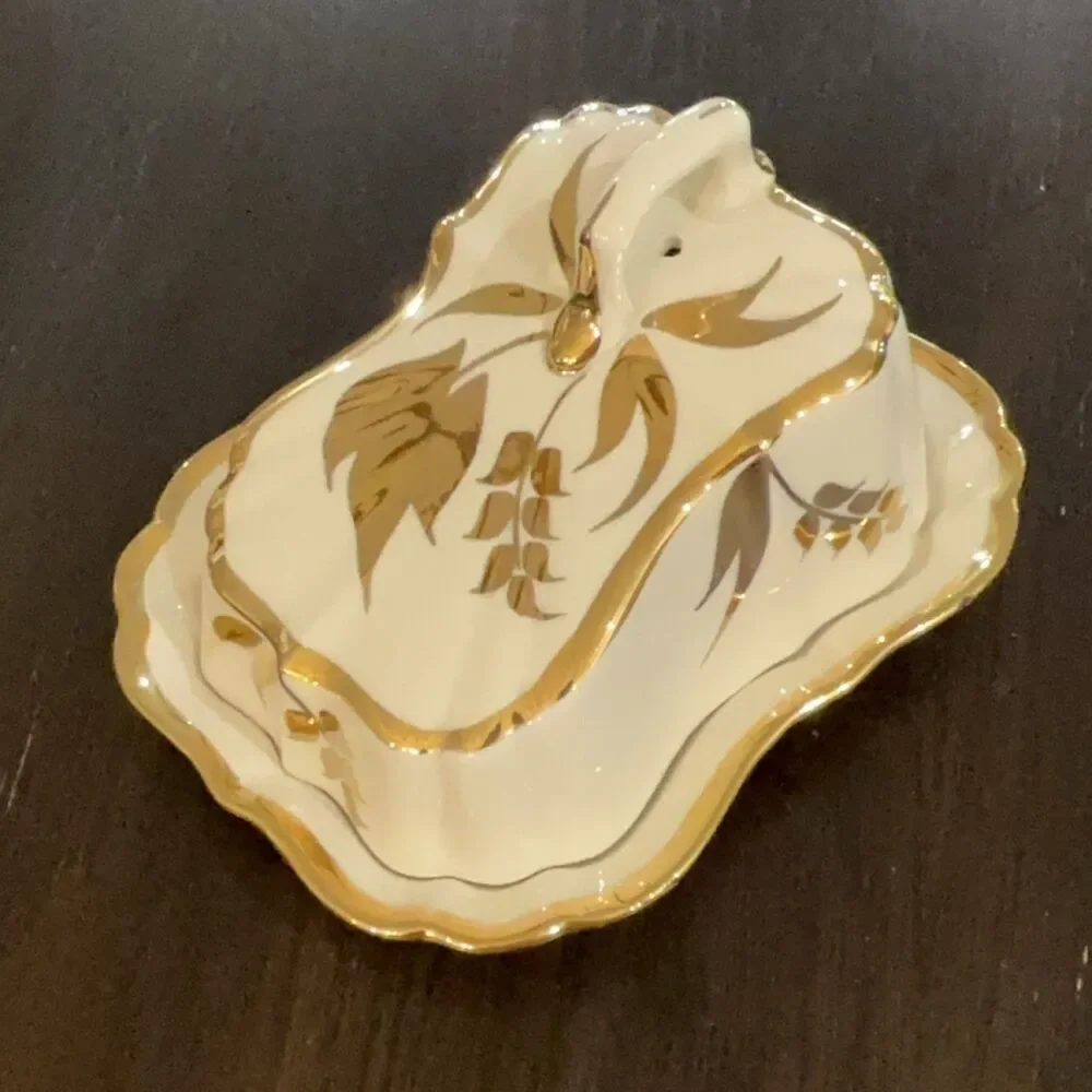 Lancaster & Sandland Ware Lidded Butter Dish Cream Gold Wheat Ceramic VG